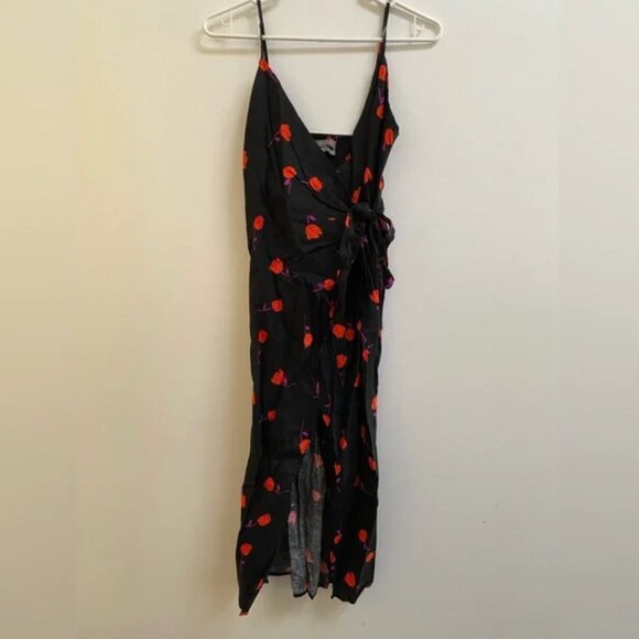 UO Quebec Black Floral Linen Side-Tie Midi Wrap Dress S - Picture 5 of 11